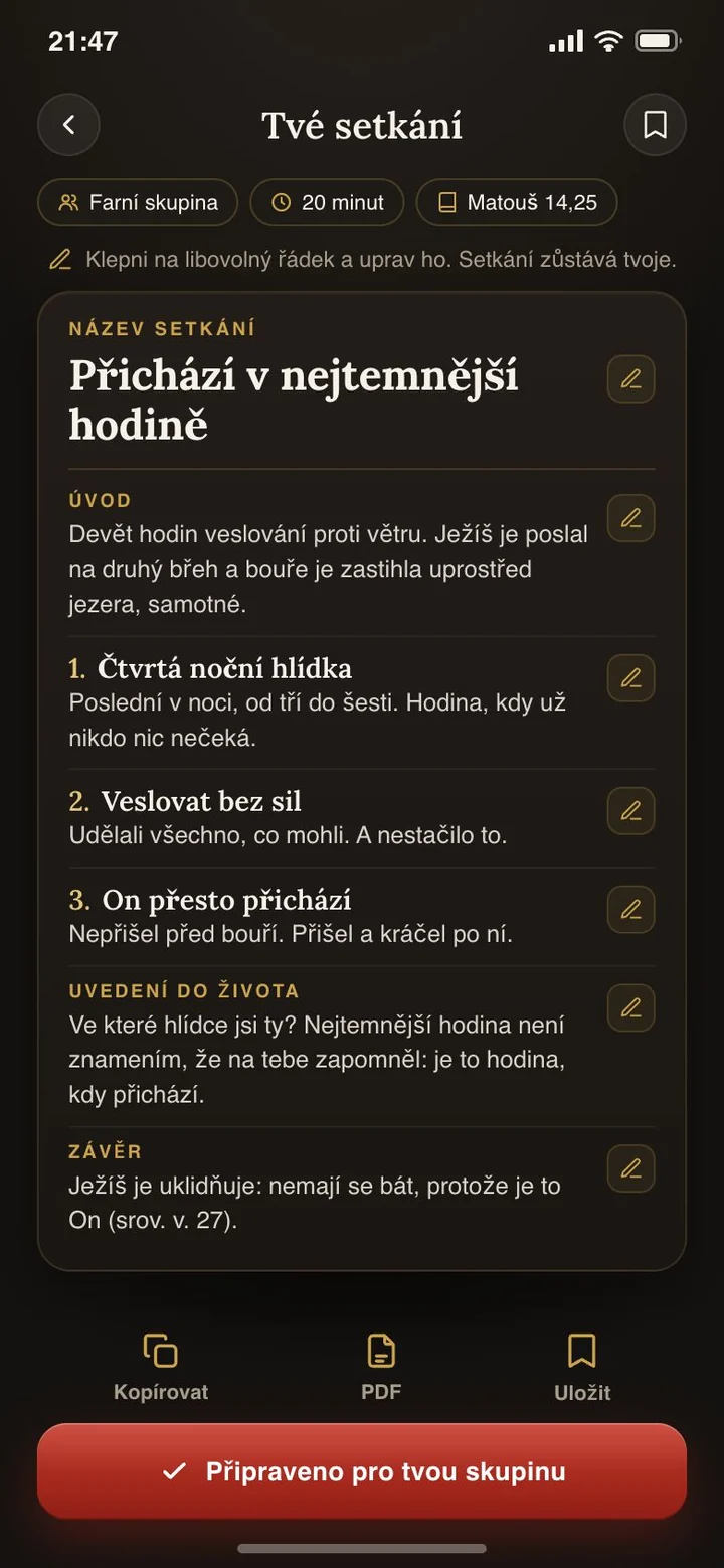 Připravené setkání: název, úvod, tři body, uvedení do života a závěr