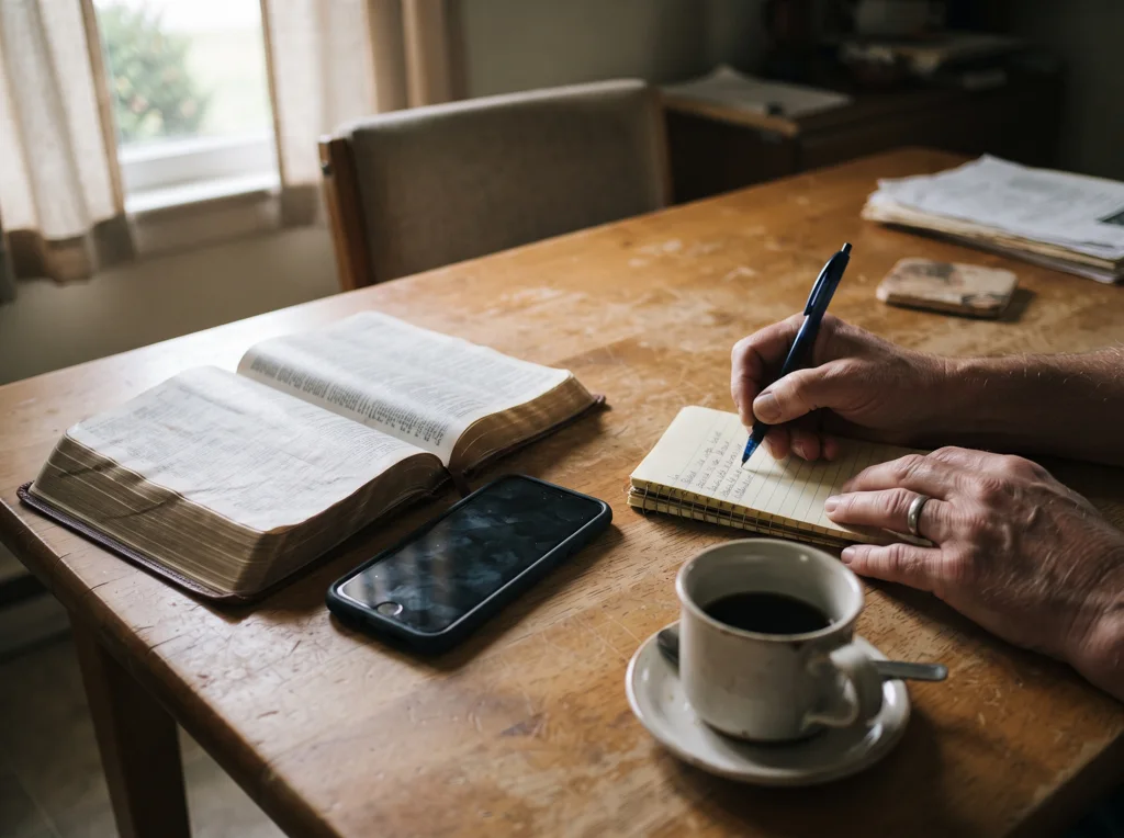 Ranní otevřená Bible vedle telefonu