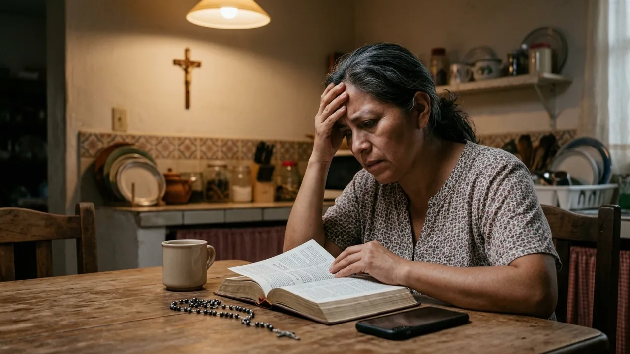 Žena u kuchyňského stolu znovu čte stejnou stránku Bible, které nerozumí